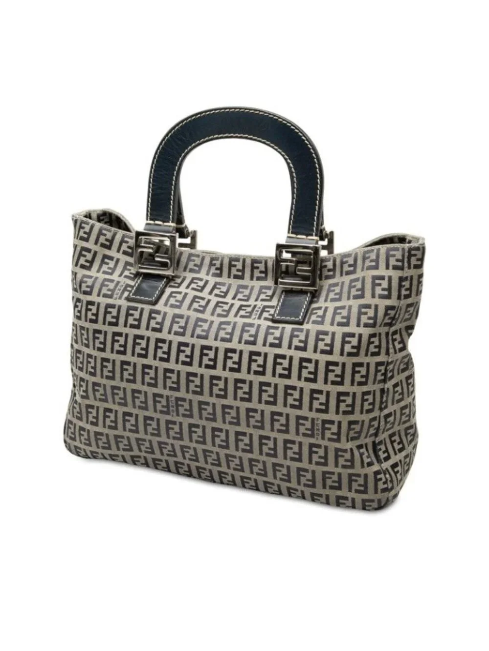 Fendi Zucchino Handbag Navy Beige Canvas Leather